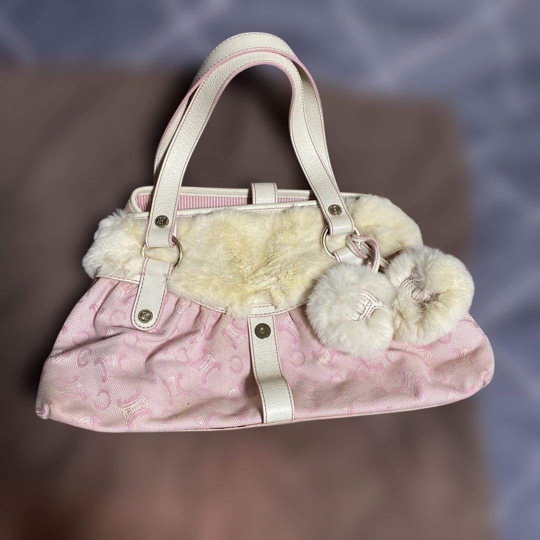 ファー付きピンクハンドバッグ
