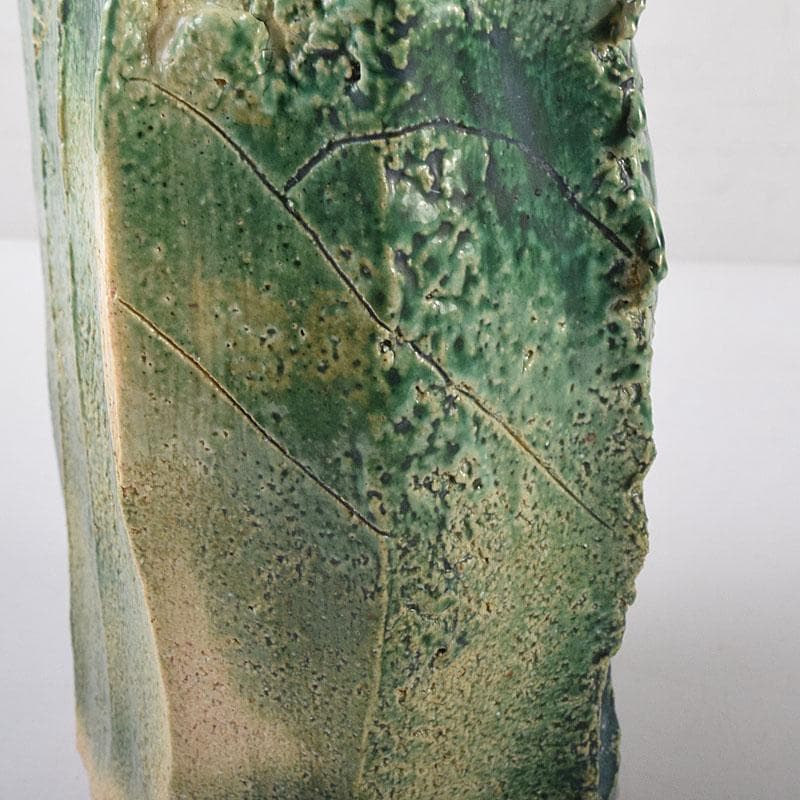 わさび　織部焼　加藤敬也作　花生　扁壷　共箱　V　8184