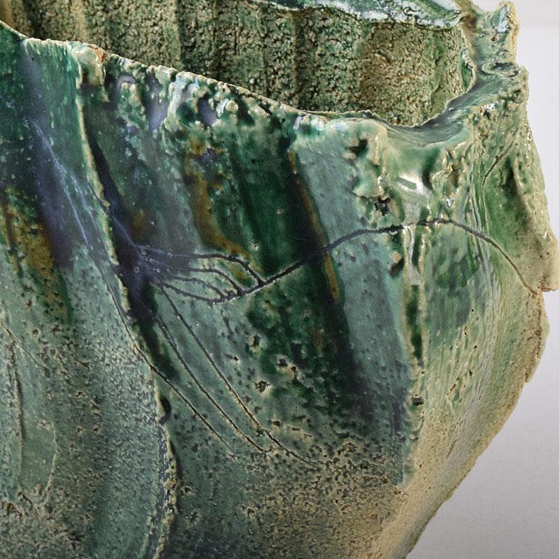 わさび　織部焼　加藤敬也作　花生　扁壷　共箱　V　8184