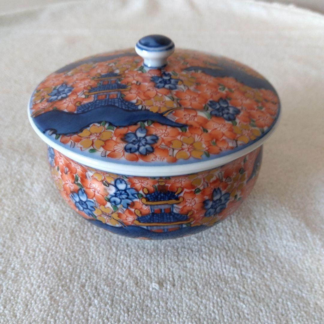 新春セール館林源右衛門作　染錦楼閣紋様蓋付湯呑