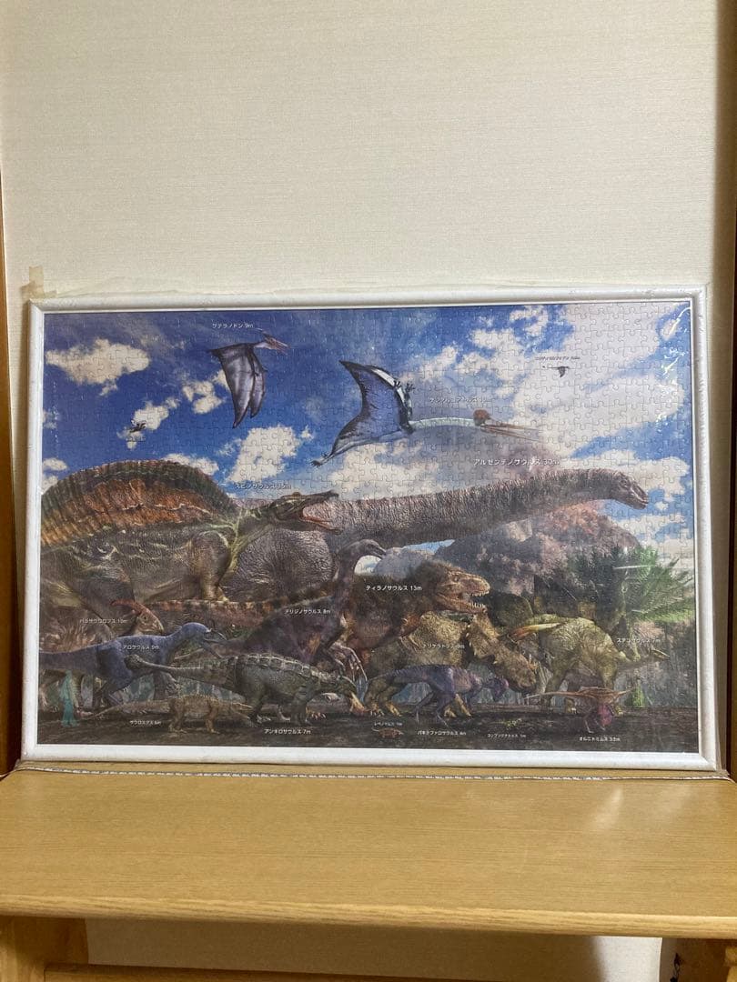 千P①恐竜ジグソーパズル　プテラノドン他17体　アルミ額50×74㎝完成品極美品