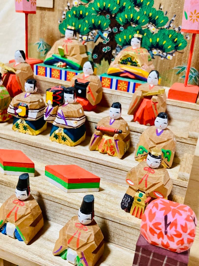 高橋神泉　奈良一刀彫　１５人揃い　段飾り　ひな祭り　川口神泉　雛段