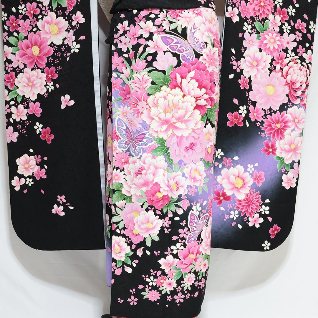 振袖7点セット■トールサイズ174cm帯新品帯締め花フルセット黒成人式BS34