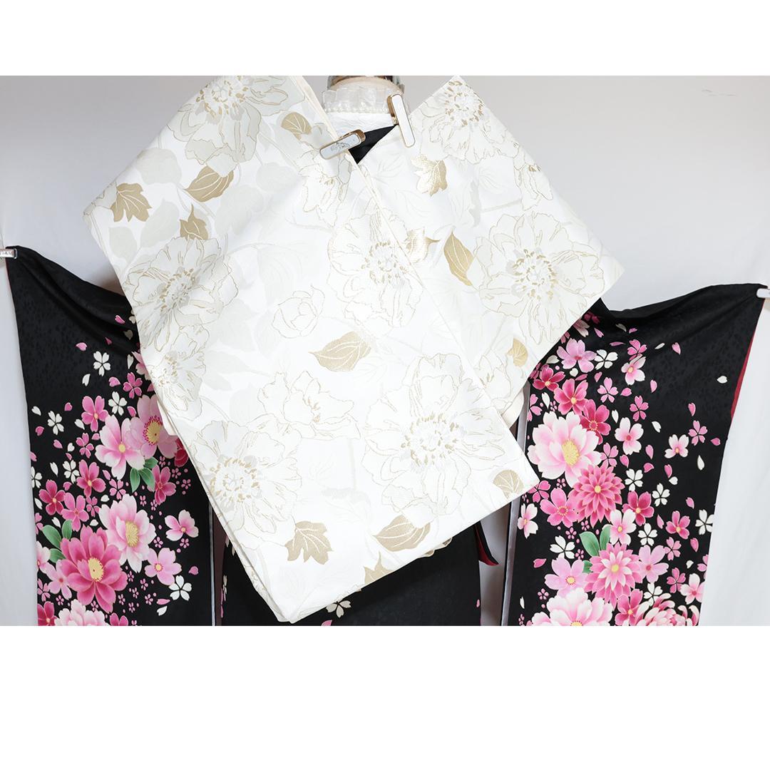 振袖7点セット■トールサイズ174cm帯新品帯締め花フルセット黒成人式BS34