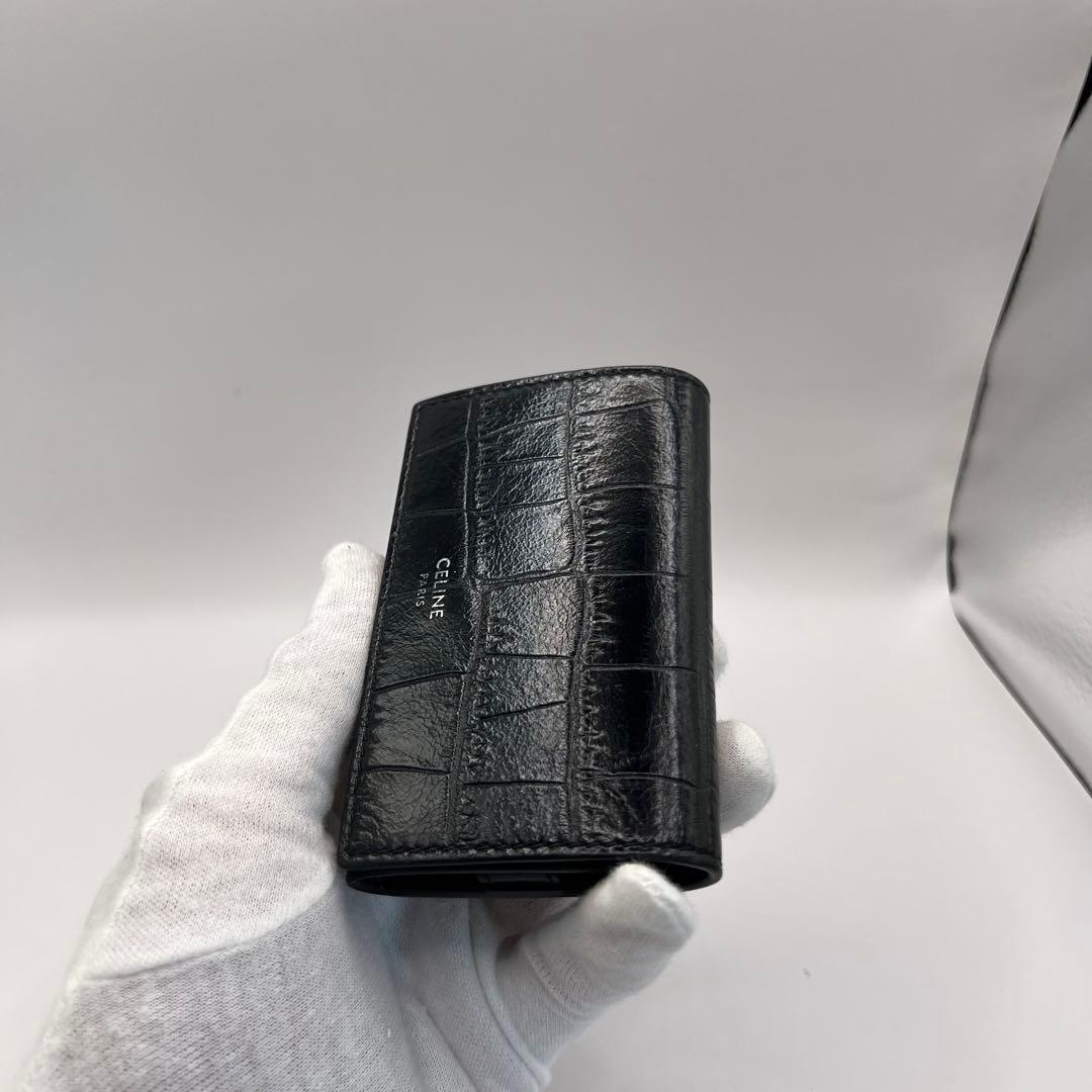 CELINE キーケース　クロコ　6連　ブラック　型押し　カーフスキン　黒色