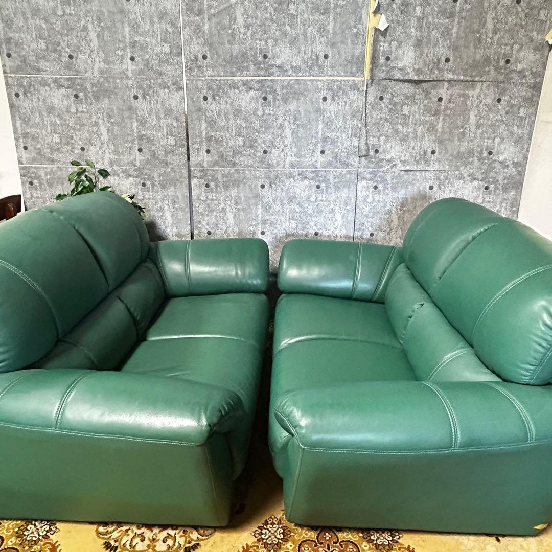 ask꧁革素材꧂2人掛けアームソファ1脚 グリーン レザー 合成皮革 応接