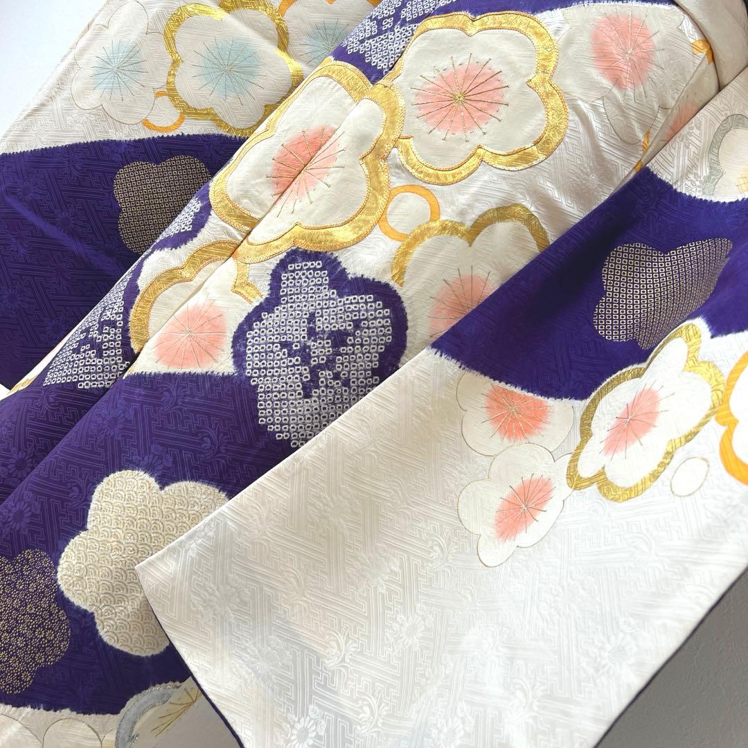 437 振袖フルセット 正絹 紫 オフホワイト 金銀彩 絞り 駒刺繍 レトロ