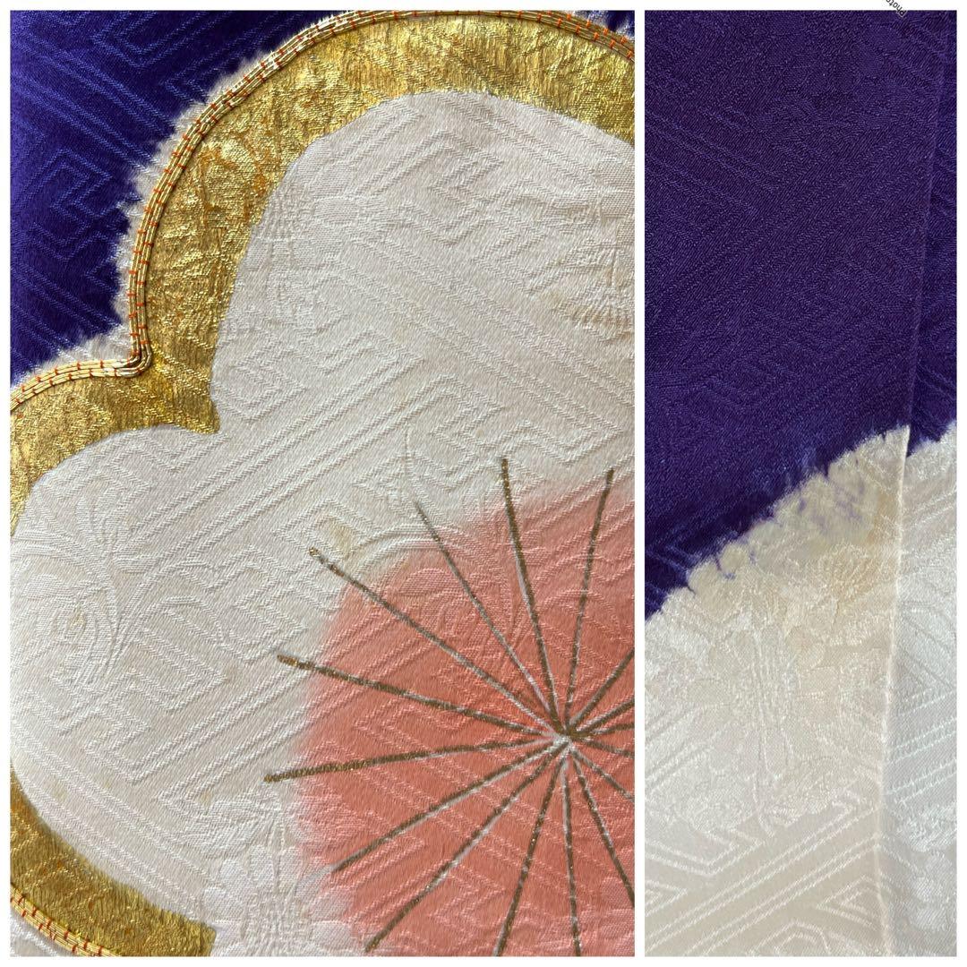 437 振袖フルセット 正絹 紫 オフホワイト 金銀彩 絞り 駒刺繍 レトロ