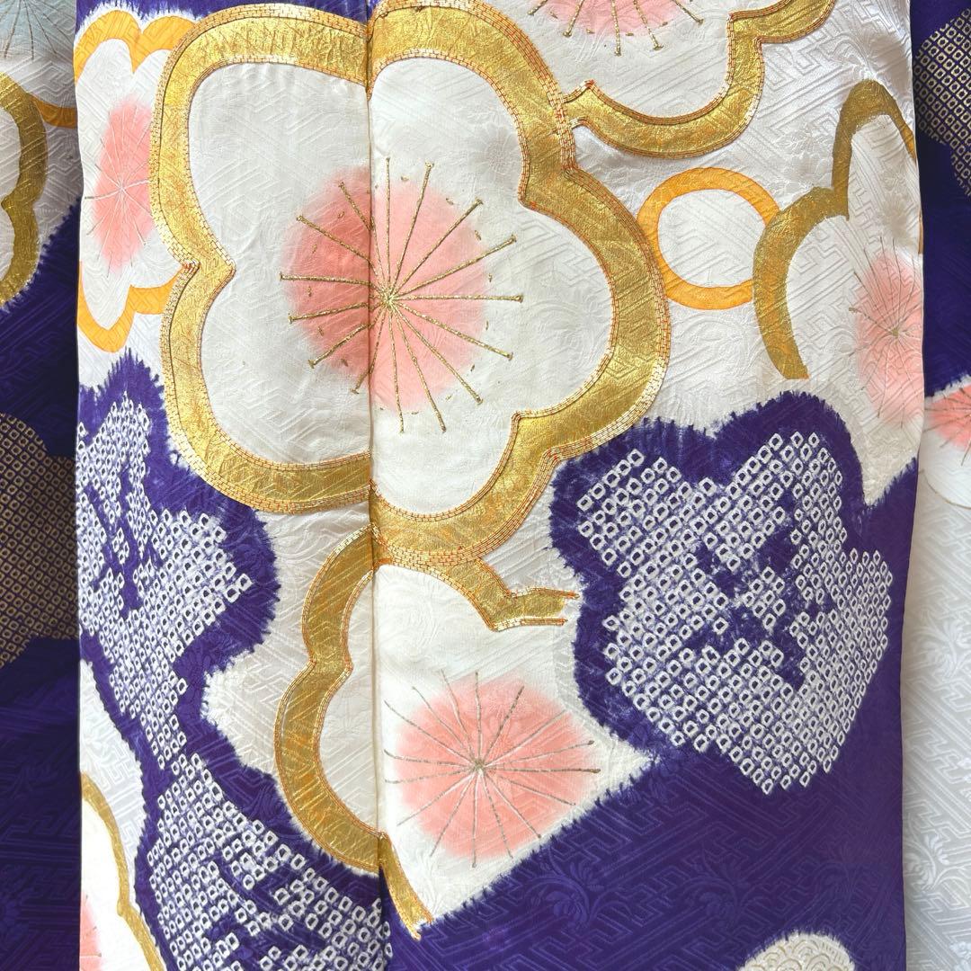 437 振袖フルセット 正絹 紫 オフホワイト 金銀彩 絞り 駒刺繍 レトロ