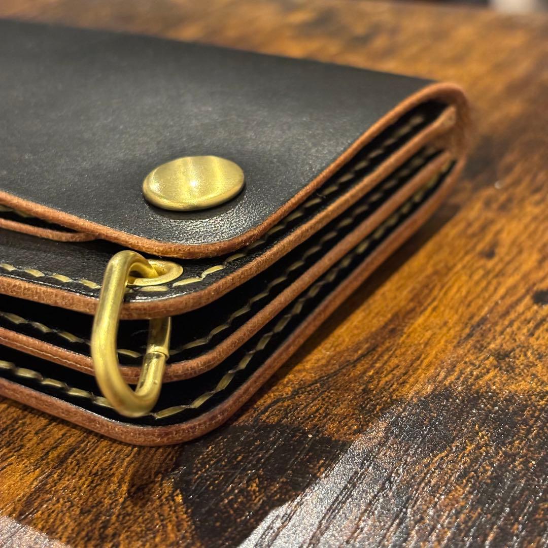 栃木レザー　ミドル　トラッカーウォレット　茶芯ブラック 3層