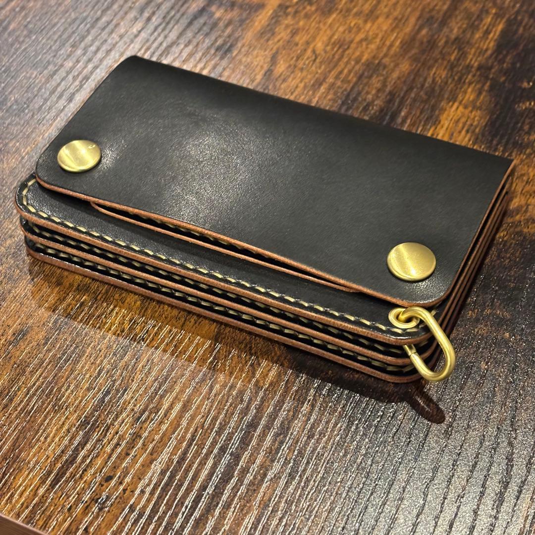 栃木レザー　ミドル　トラッカーウォレット　茶芯ブラック 3層