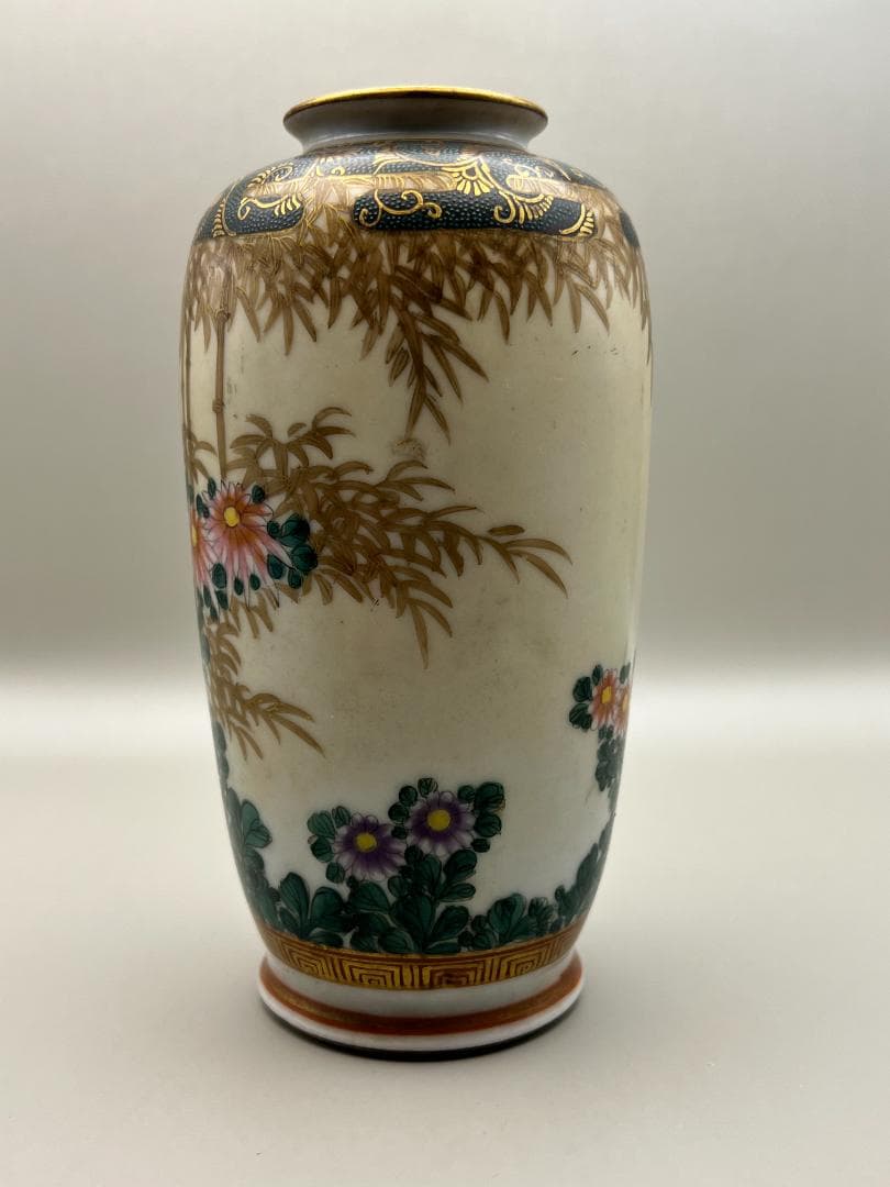 【海】江戸後期　久谷焼　竹花文上級金彩花瓶　谷口在銘　骨董品　時代品 美術品
