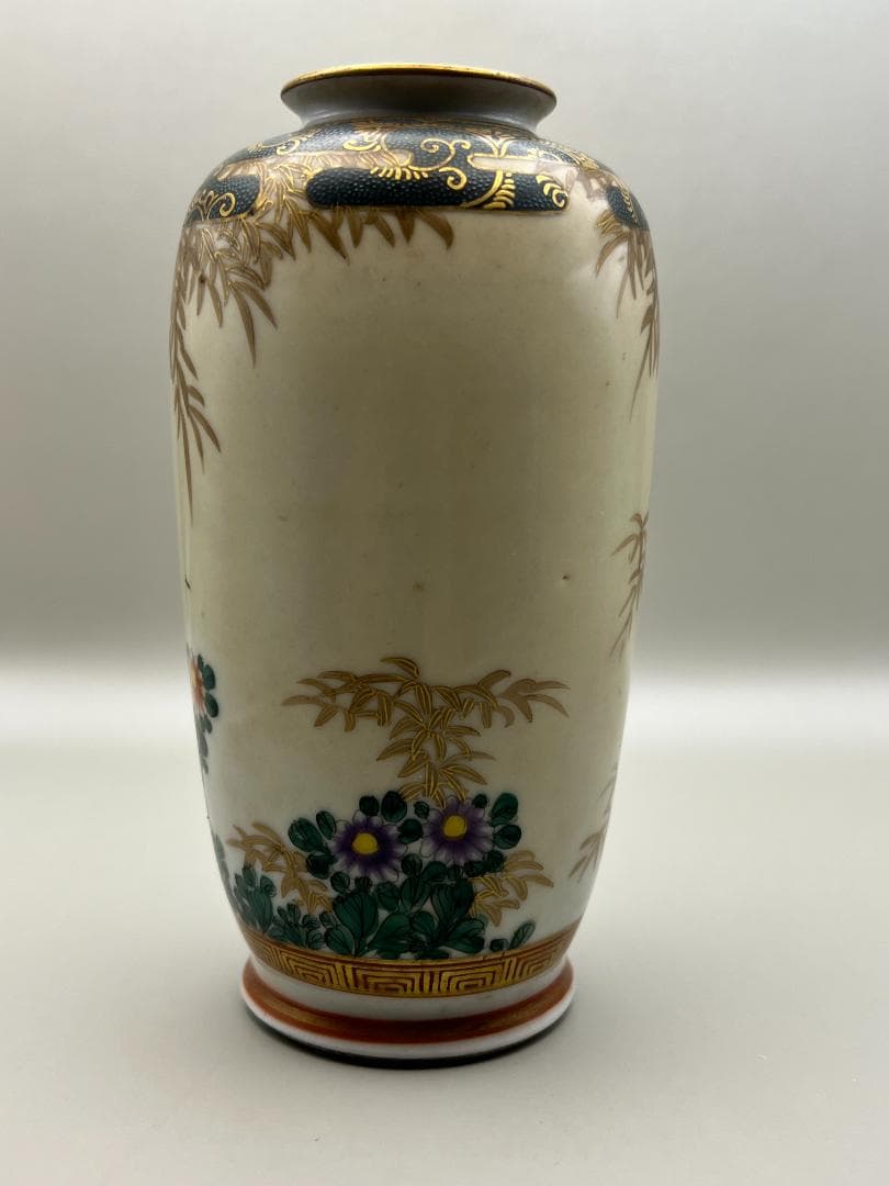 【海】江戸後期　久谷焼　竹花文上級金彩花瓶　谷口在銘　骨董品　時代品 美術品