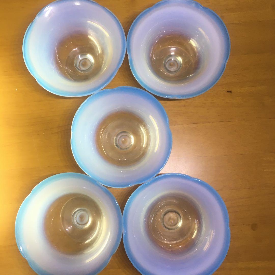 氷コップ③ 乳白色 薄水色縁 5個セット 大正ガラス