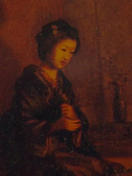 日高文子、【灯火婦人図】、希少な額装用画集より、新品額装付、状態良好