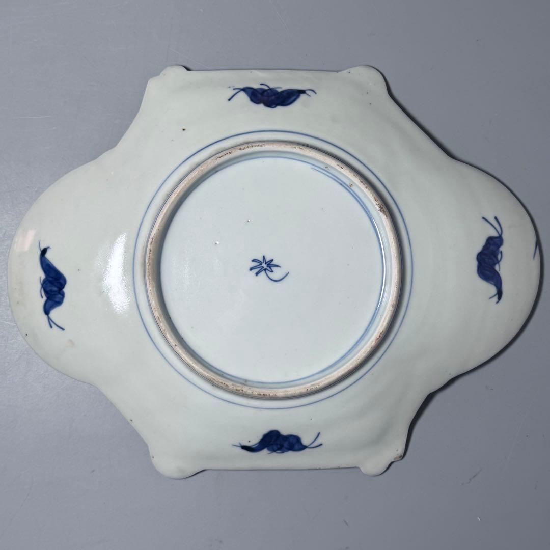 1800年代後期　古伊万里　色絵花蝶図変形中皿　五枚　柘榴に鳳凰　裏蝙蝠文　珍品