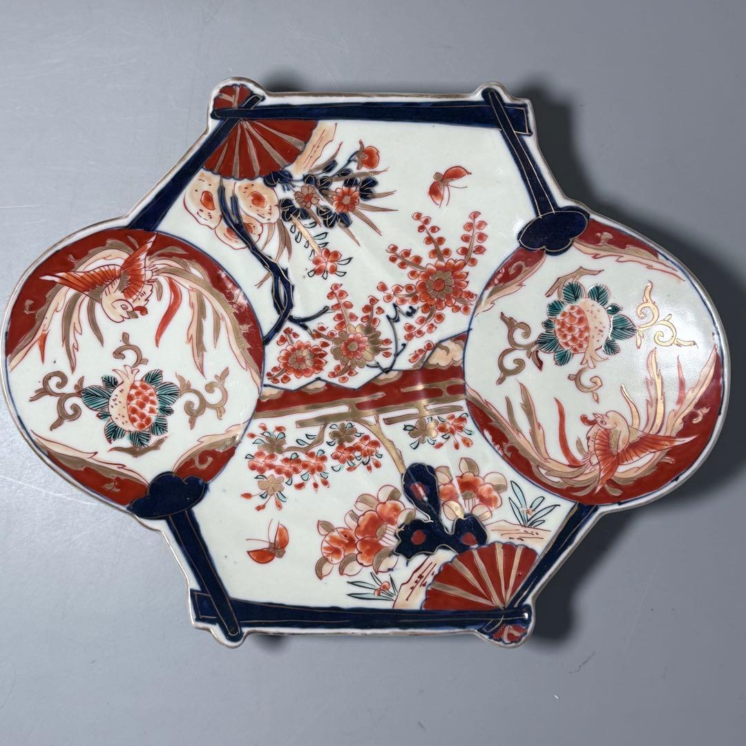 1800年代後期　古伊万里　色絵花蝶図変形中皿　五枚　柘榴に鳳凰　裏蝙蝠文　珍品