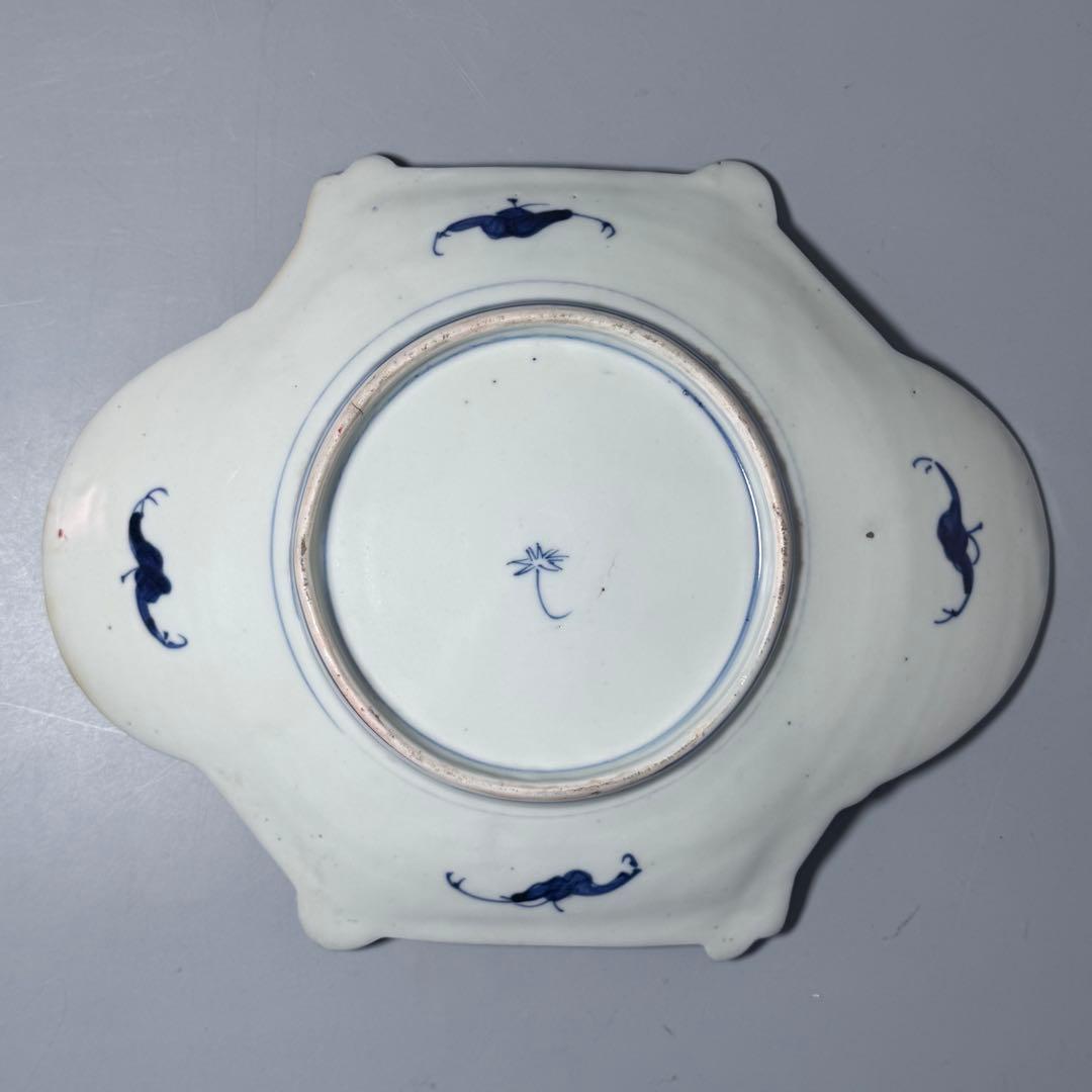 1800年代後期　古伊万里　色絵花蝶図変形中皿　五枚　柘榴に鳳凰　裏蝙蝠文　珍品