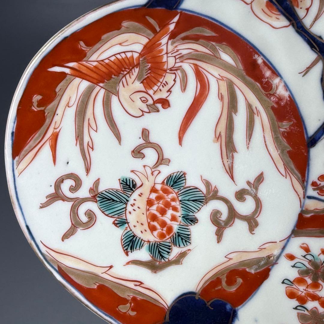 1800年代後期　古伊万里　色絵花蝶図変形中皿　五枚　柘榴に鳳凰　裏蝙蝠文　珍品