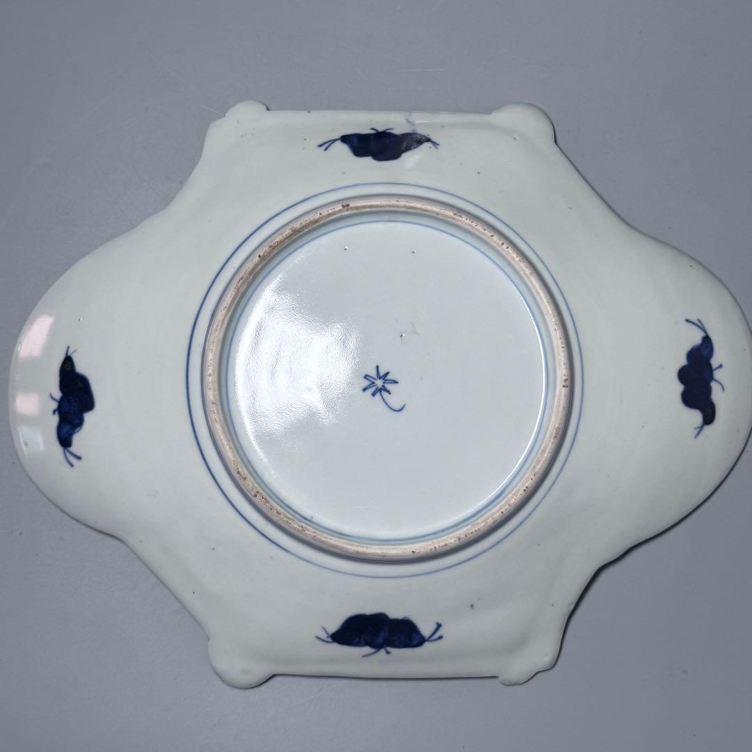 1800年代後期　古伊万里　色絵花蝶図変形中皿　五枚　柘榴に鳳凰　裏蝙蝠文　珍品