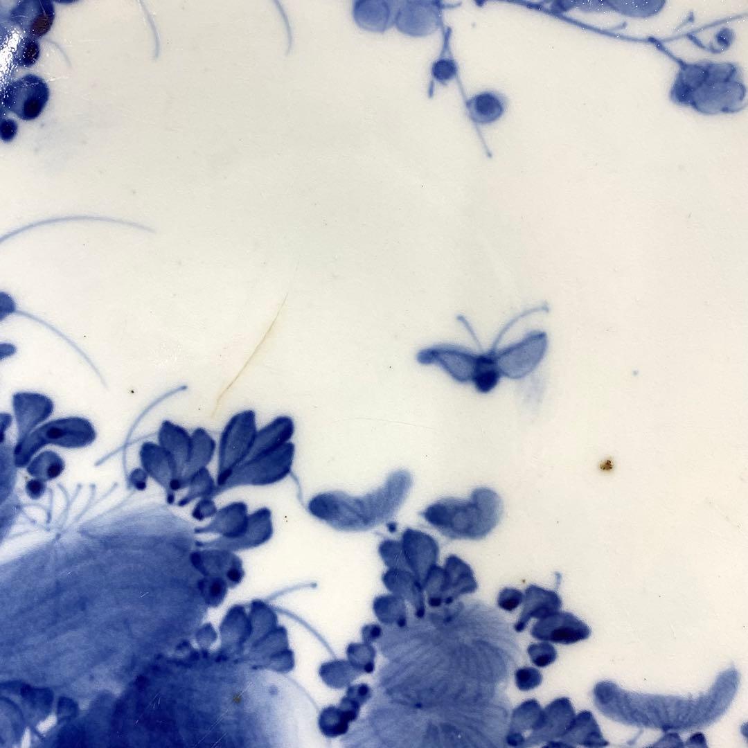 大皿 直径 42.2 cm !大皿 蝶々 花鳥 梅 染付 昭和レトロ 飾り皿②