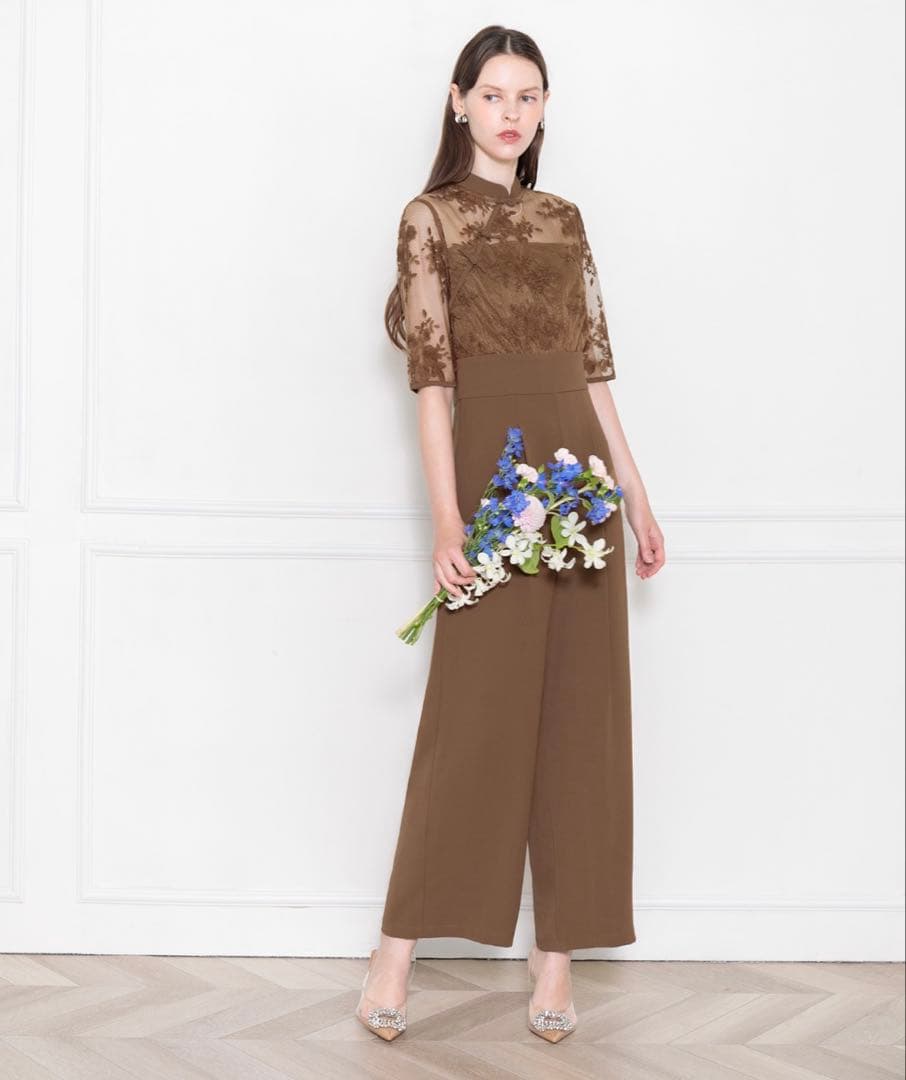 【LEJA】チャイナプチハイネック花柄レース異素材切替半袖パンツドレス