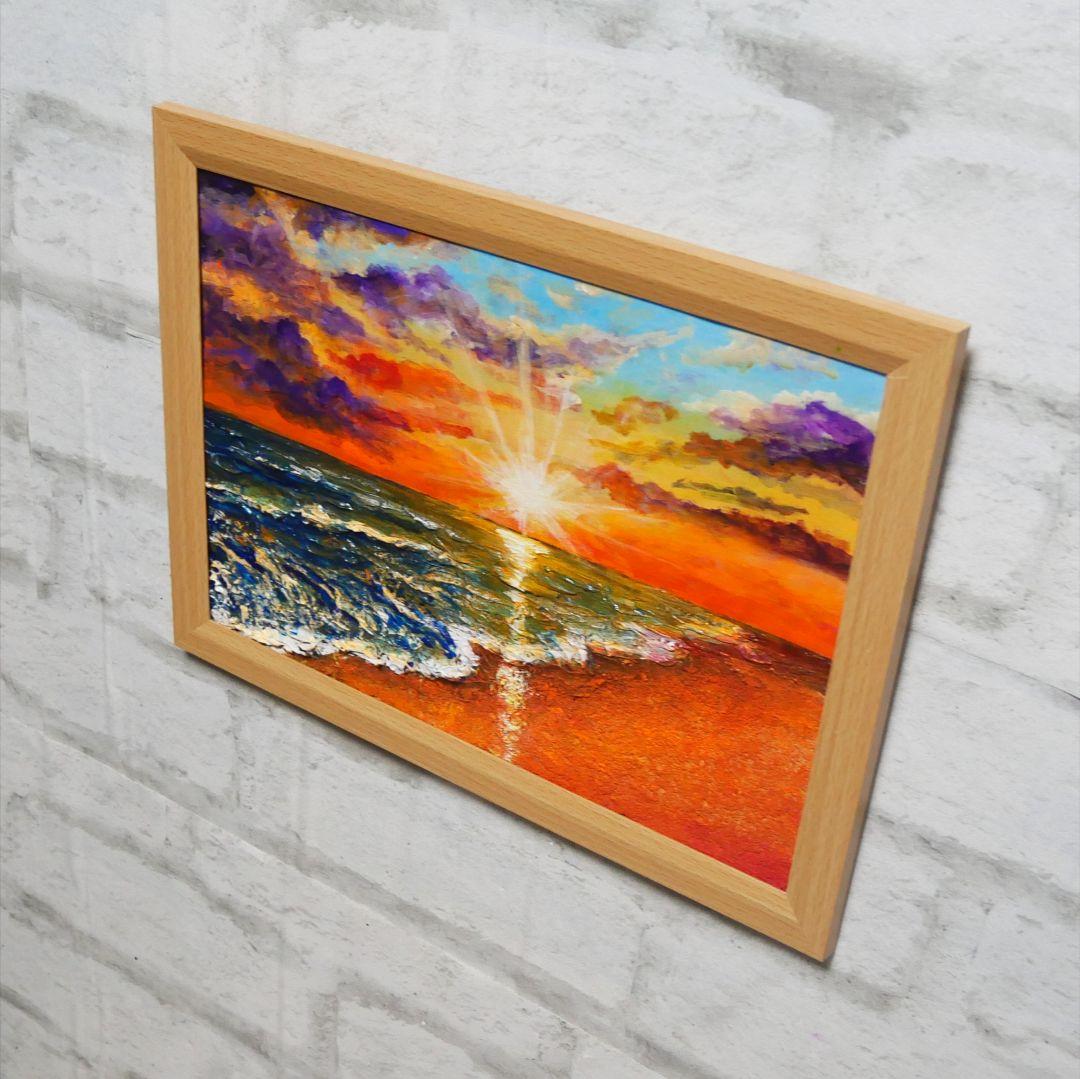油絵 油彩 油彩画 絵 絵画 【夕陽に染まる海】A4