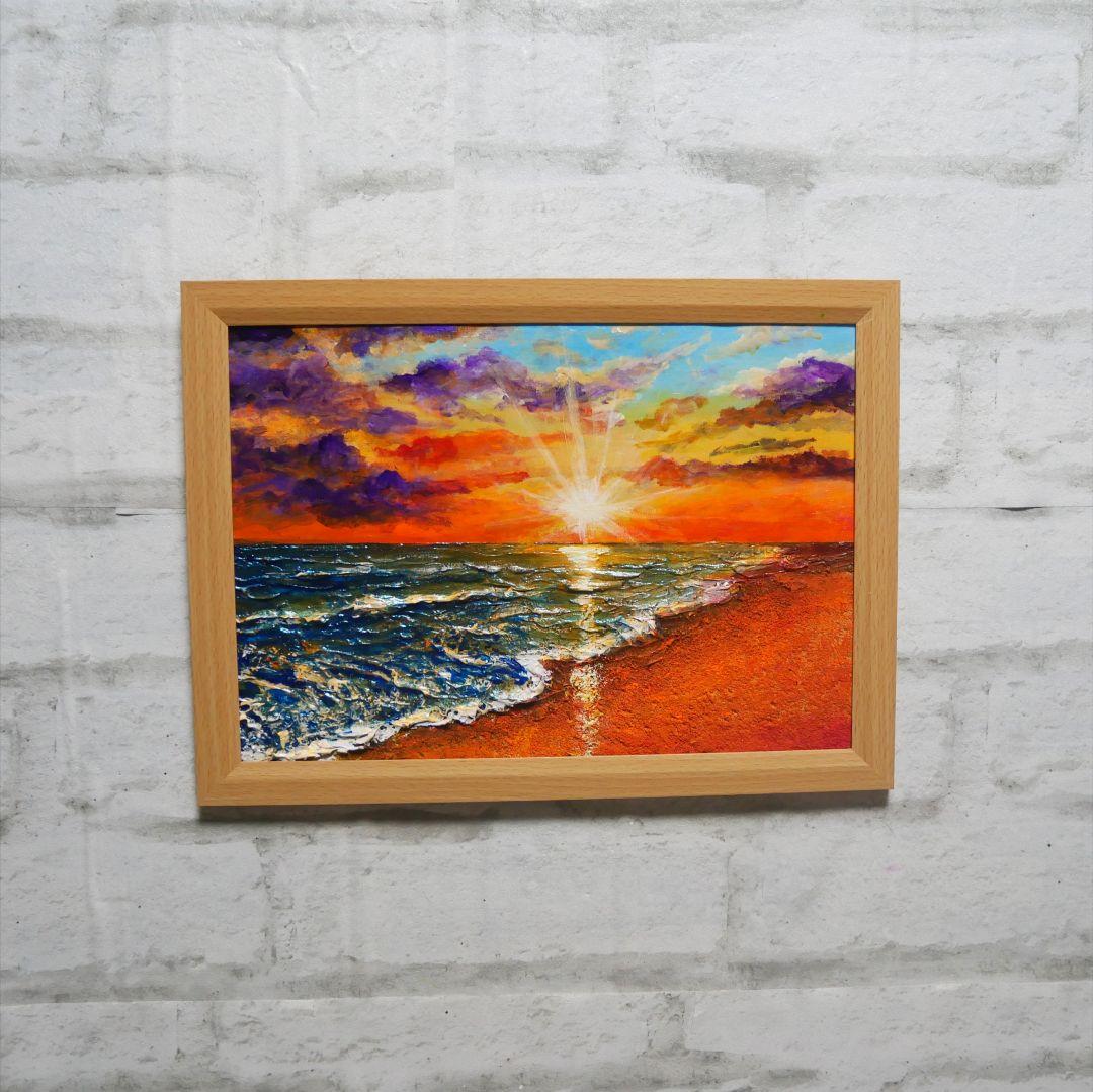 油絵 油彩 油彩画 絵 絵画 【夕陽に染まる海】A4