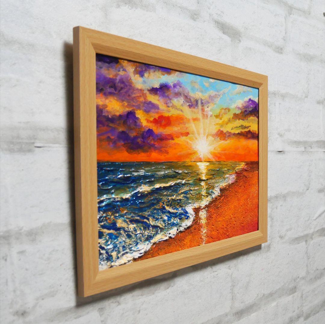 油絵 油彩 油彩画 絵 絵画 【夕陽に染まる海】A4