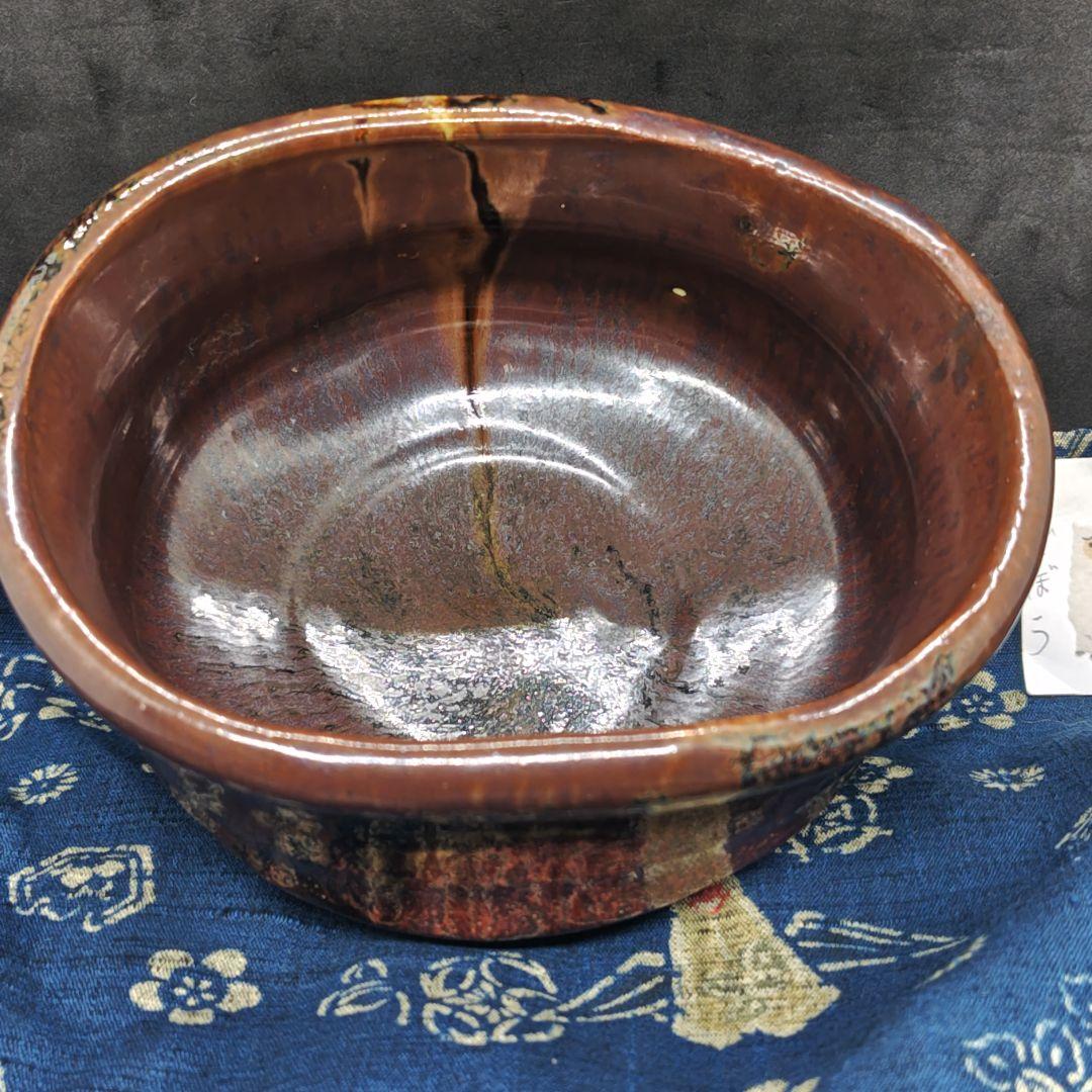 美濃焼陶祖１２代、加藤景秋作柿釉織部沓茶碗(元箱、古裂包布付)