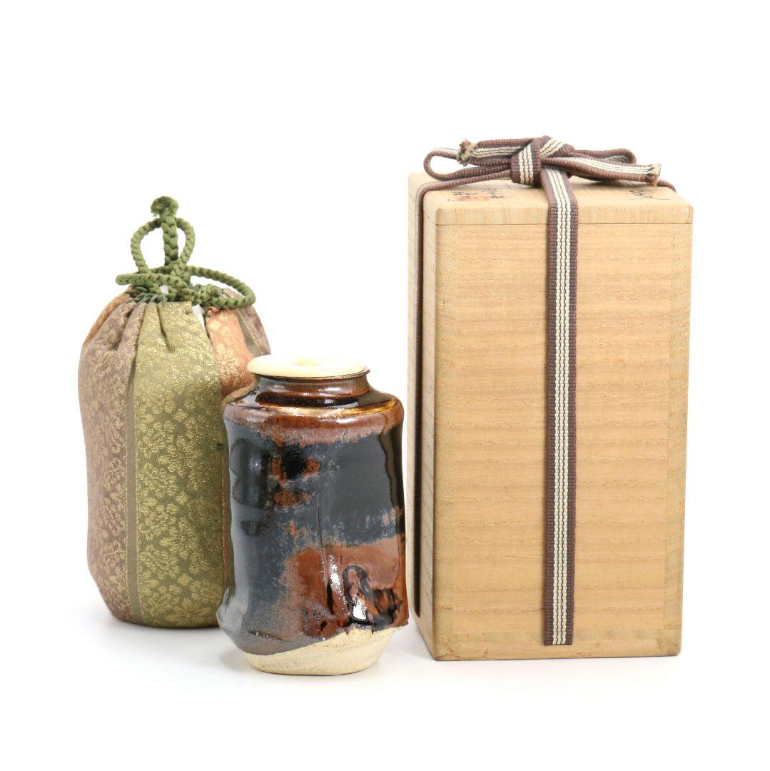 忍冬庵 佐藤和子作 織部焼 肩衝茶入 仕覆付 茶道具 共箱　V909