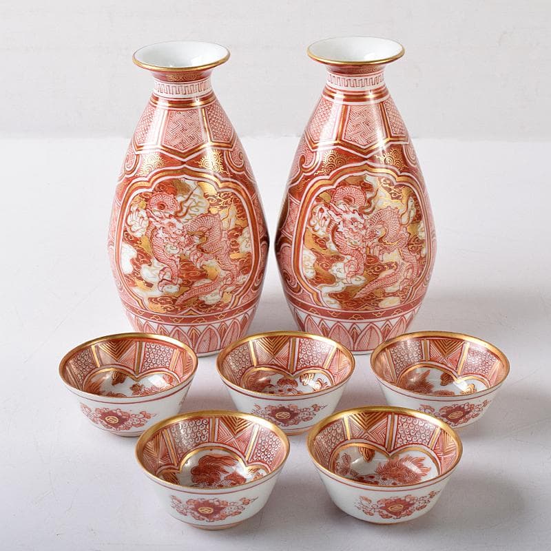 九谷焼　赤絵金彩　静山銘　獅子花文　盃　五客　龍鳳凰文　徳利　一對　MR8445