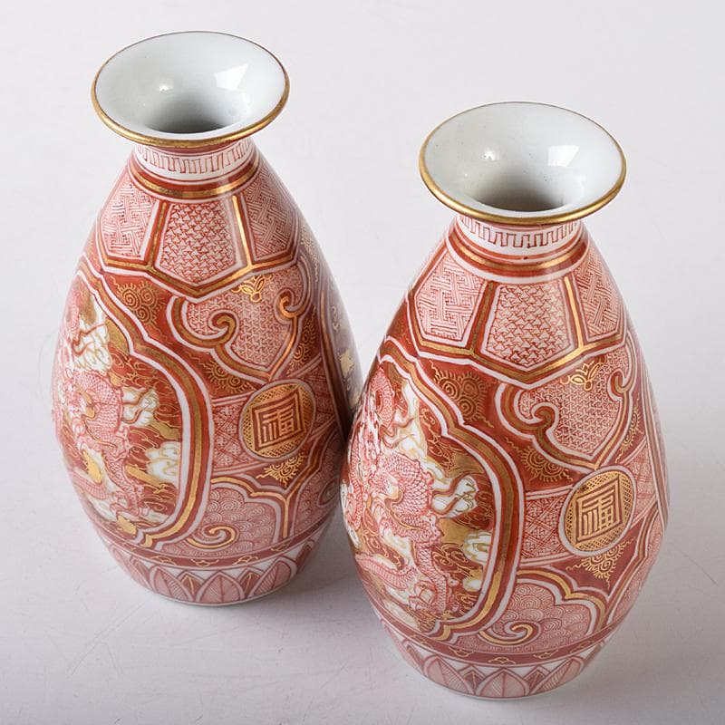 九谷焼　赤絵金彩　静山銘　獅子花文　盃　五客　龍鳳凰文　徳利　一對　MR8445