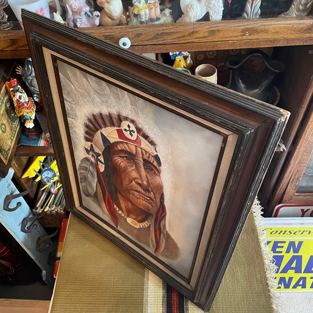 希少！ネイティブアメリカン　酋長インディアン油彩絵画　USAヴィンテージプエブロ
