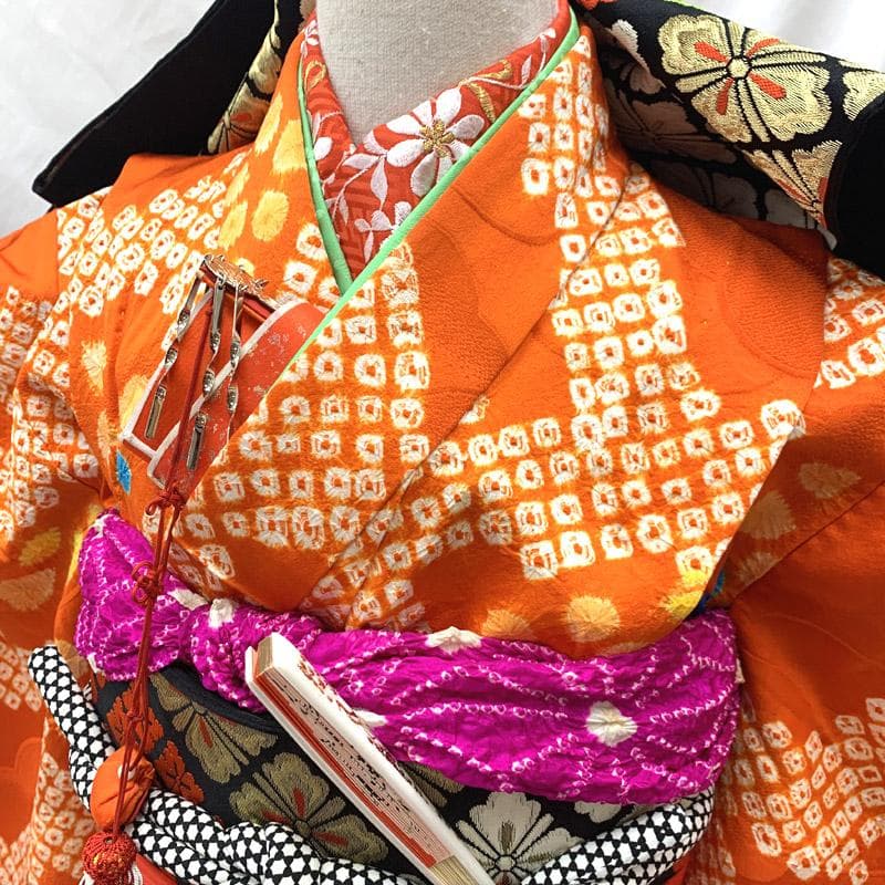 511ag63■七五三 七歳 女児 絞り染 着物&袋帯 オレンジ■状態良好