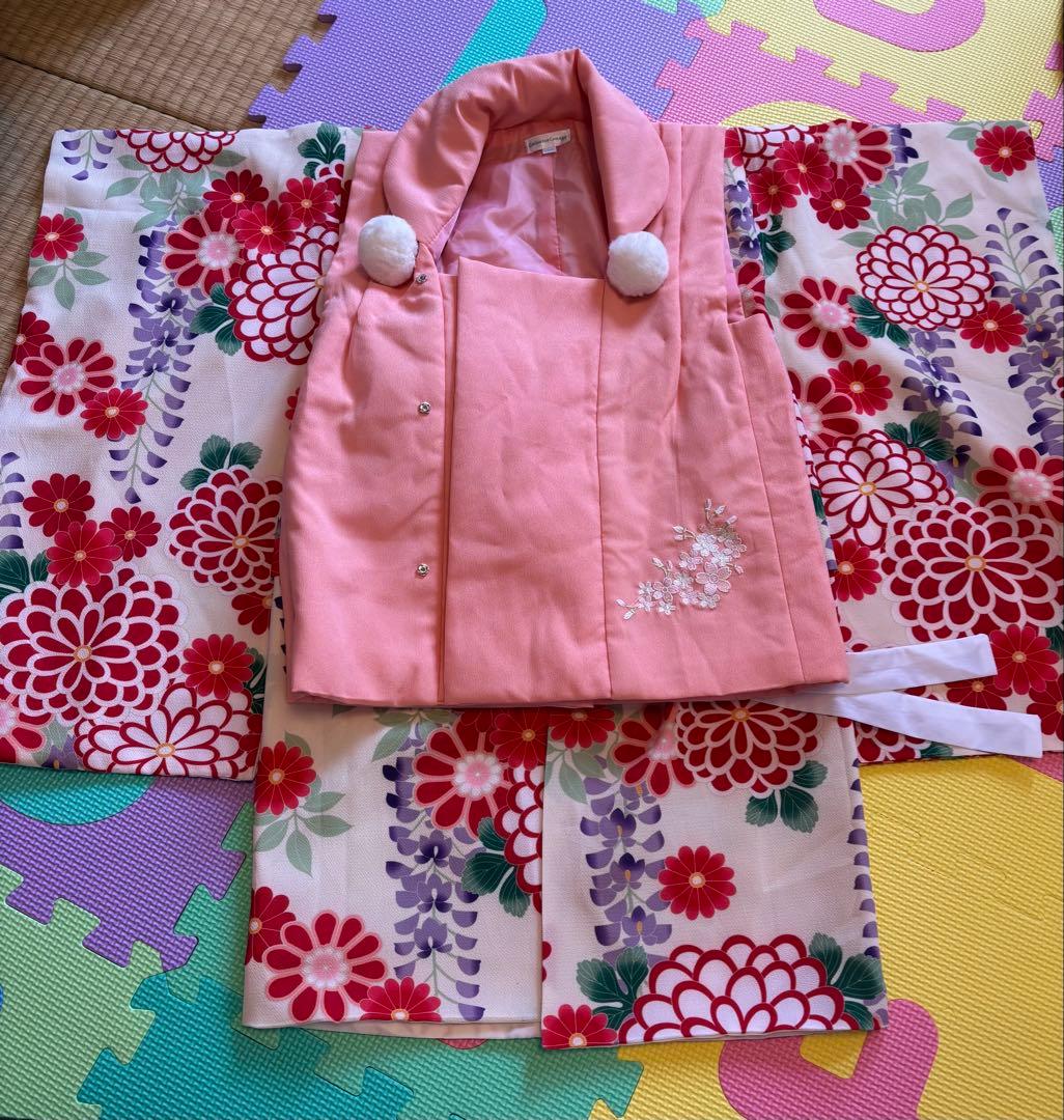 【値下げしました】子供用 七五三 着物 赤白花柄➕髪飾り&靴付