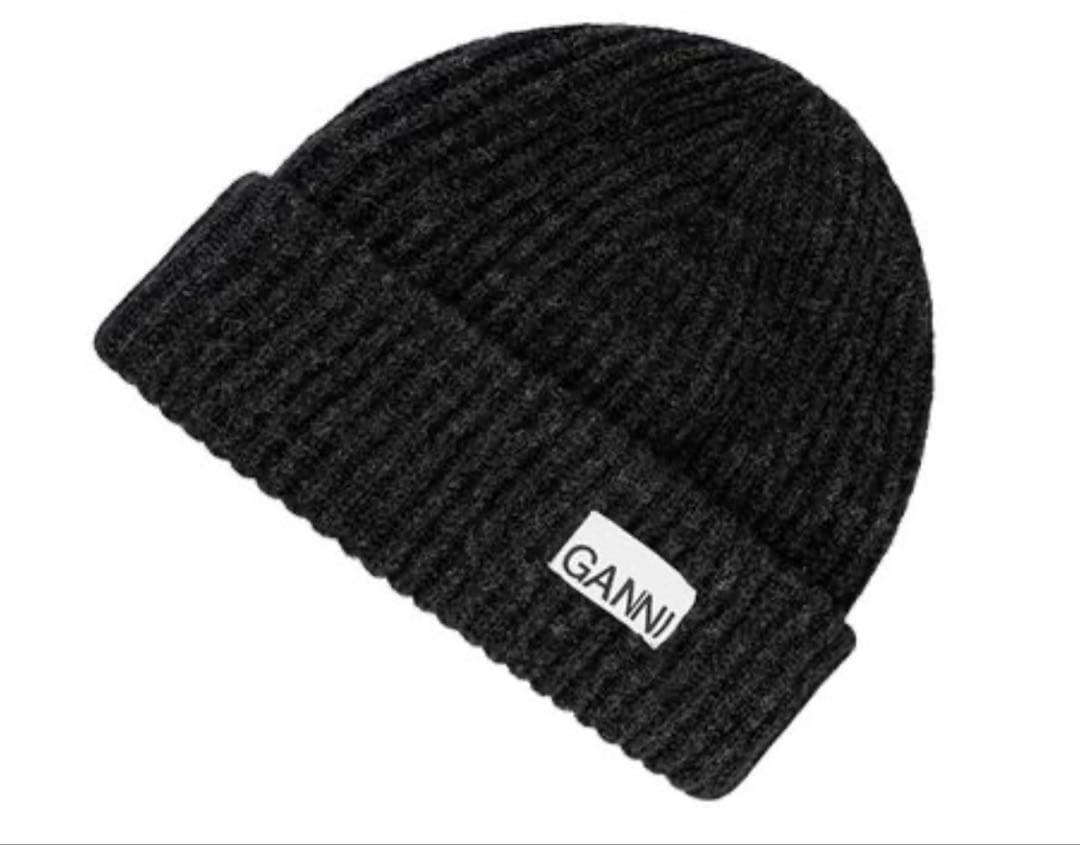 [GANNI] リブニットビーニー ロゴ入り ウール ニット帽