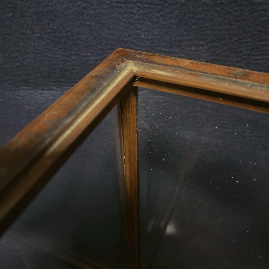 アンティーク　希少　ガラスケース　銅枠　面取り　5面　足　木製　総重量5.2㎏