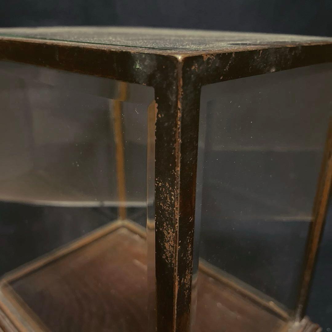 アンティーク　希少　ガラスケース　銅枠　面取り　5面　足　木製　総重量5.2㎏