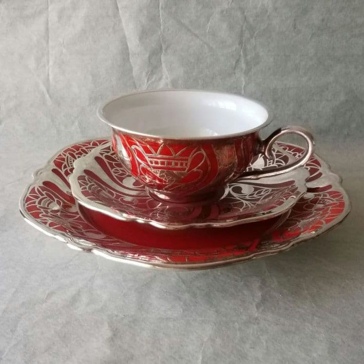 逸品　ローゼンタール　純銀巻朱地装飾図紋　トリオ　ファインシルバー　アンティーク