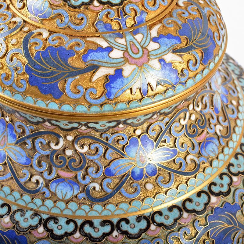 中国　古七宝琺瑯彩　花文　獅子摘蓋物　唐木台付　M　R5652