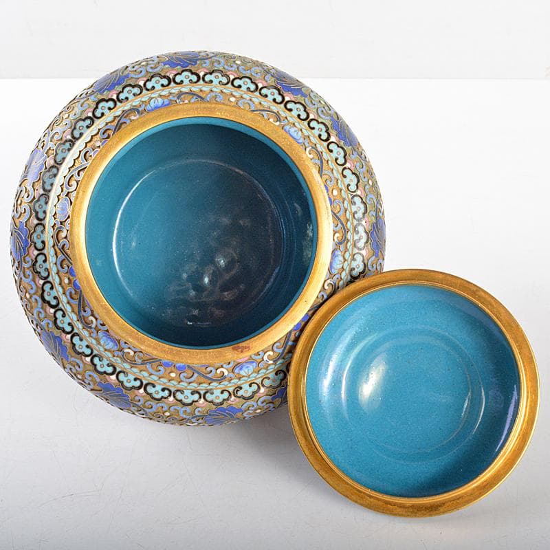 中国　古七宝琺瑯彩　花文　獅子摘蓋物　唐木台付　M　R5652