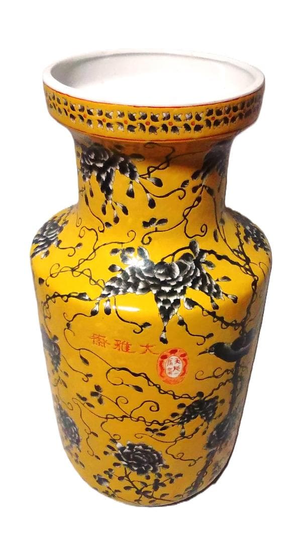 【 黄地粉彩墨彩大瓶 】花鳥紋　清光緒年　西太后居房　48.5ｃｍ
