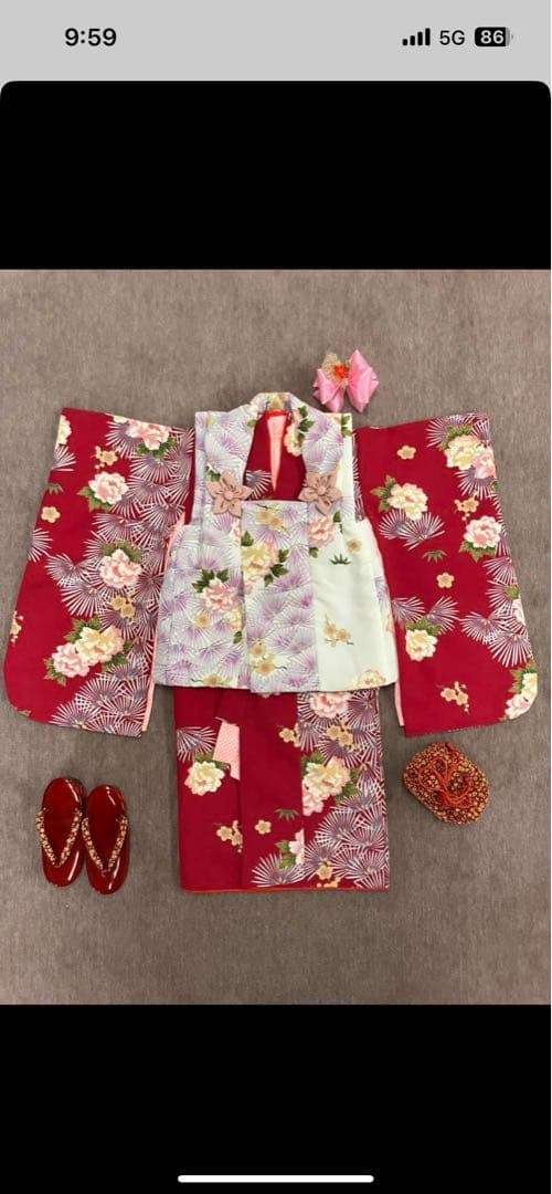 子供用着物 赤と白の花柄セット