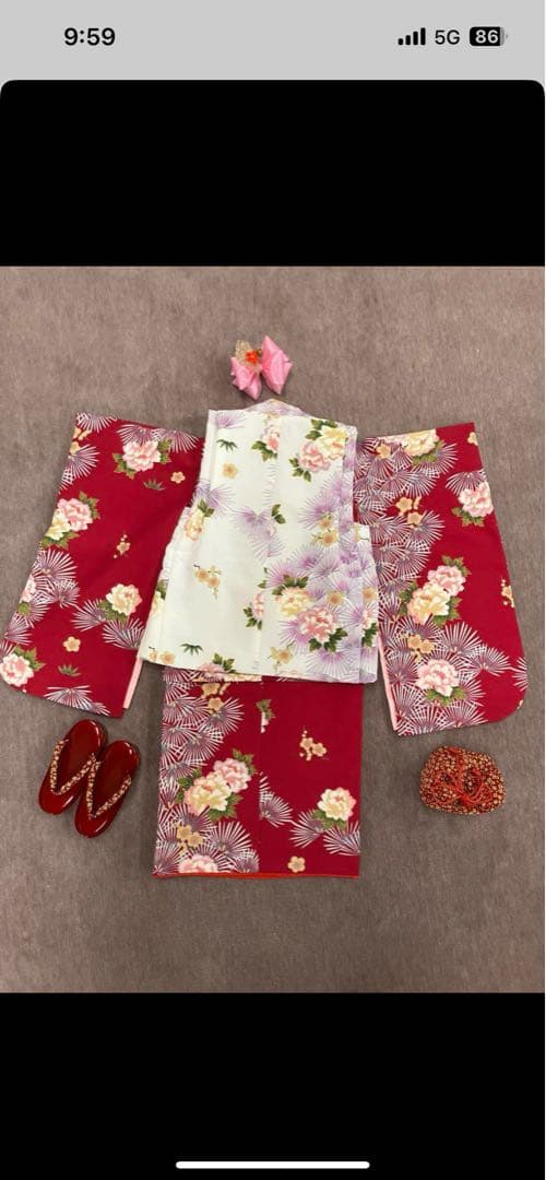 子供用着物 赤と白の花柄セット