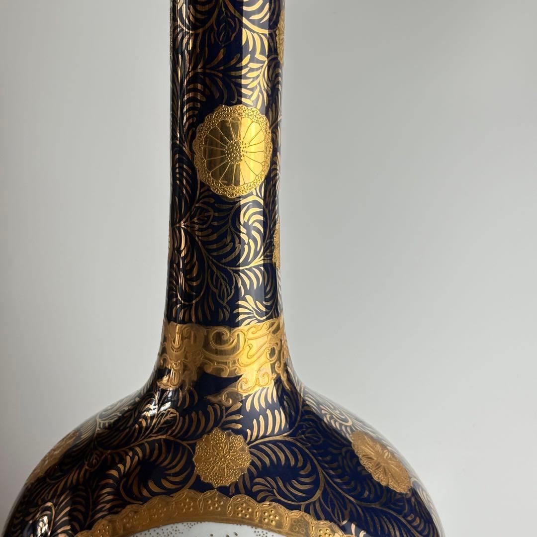 栄盛窯 瀧山作 薩摩焼 金襴手 花鳥図 鶴首花瓶 高さ約65cm 花瓶 花入れ