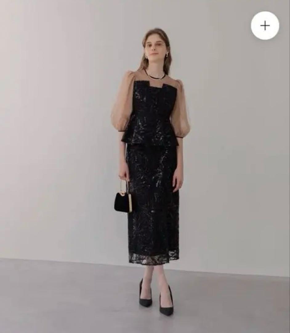 leja ドレス シアーパフスリーブペプラムスパンコール花柄セットアップドレス