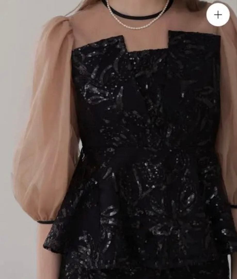 leja ドレス シアーパフスリーブペプラムスパンコール花柄セットアップドレス