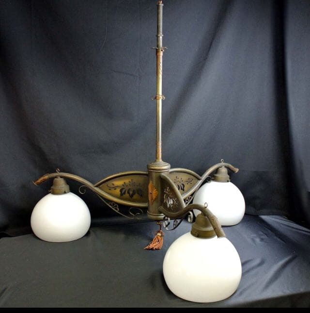 三灯式　和製　シャンデリア　骨董　電笠