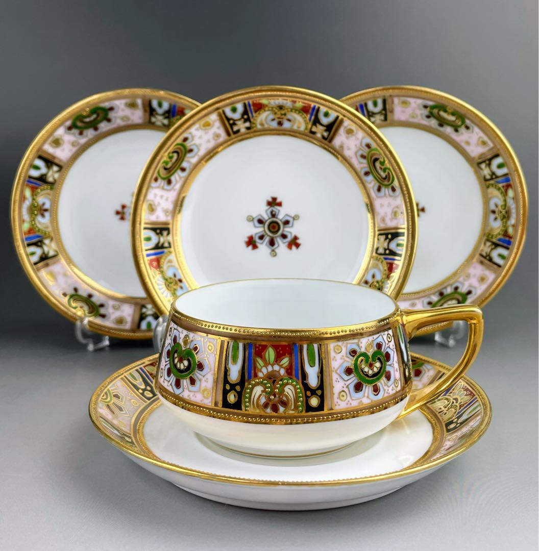 【美品】オールドノリタケ 金盛り ティーカップ ソーサー ３小皿セット